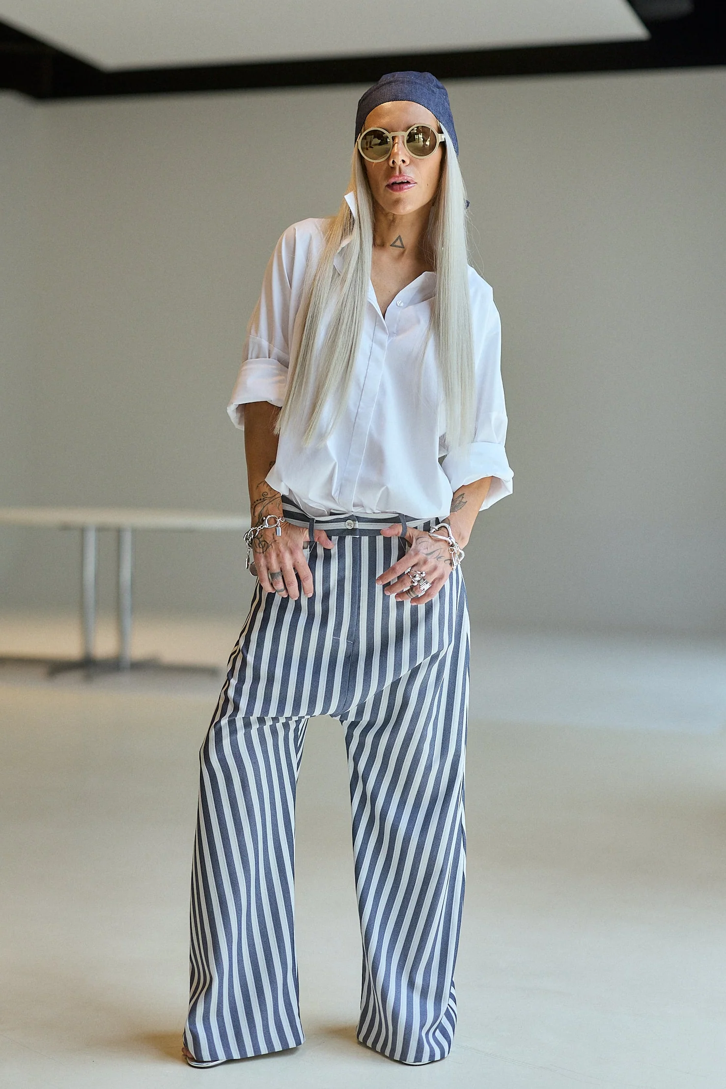 Blue & White Striped Wide-Leg Pants