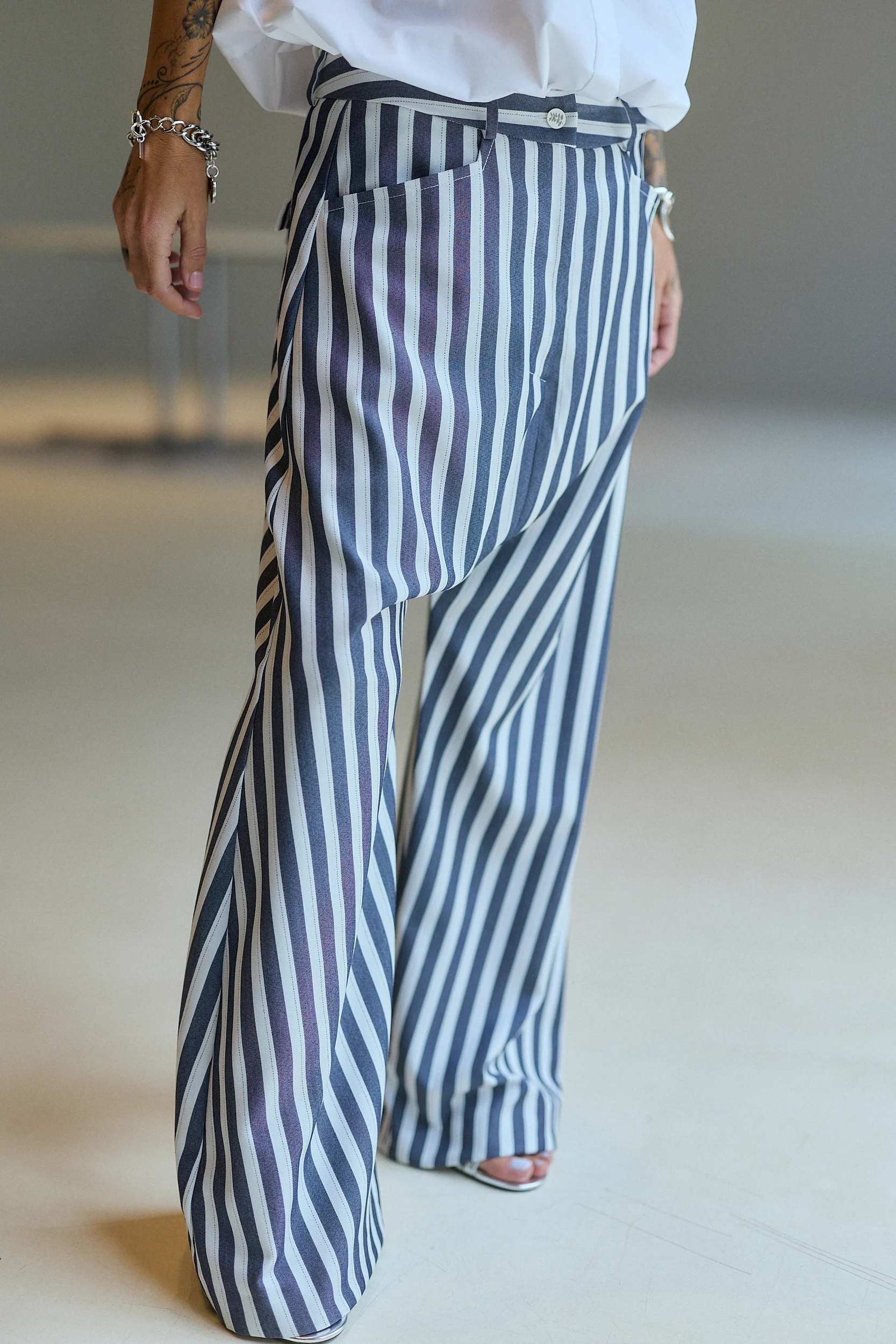 Blue & White Striped Wide-Leg Pants - Image 2