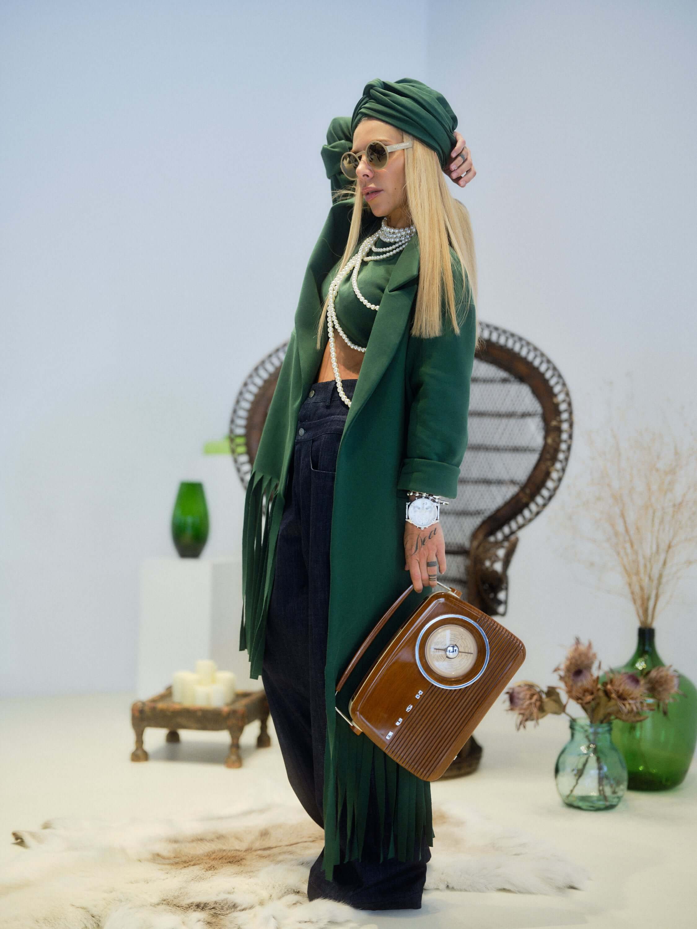 Green Long Coat with Fringe Detail