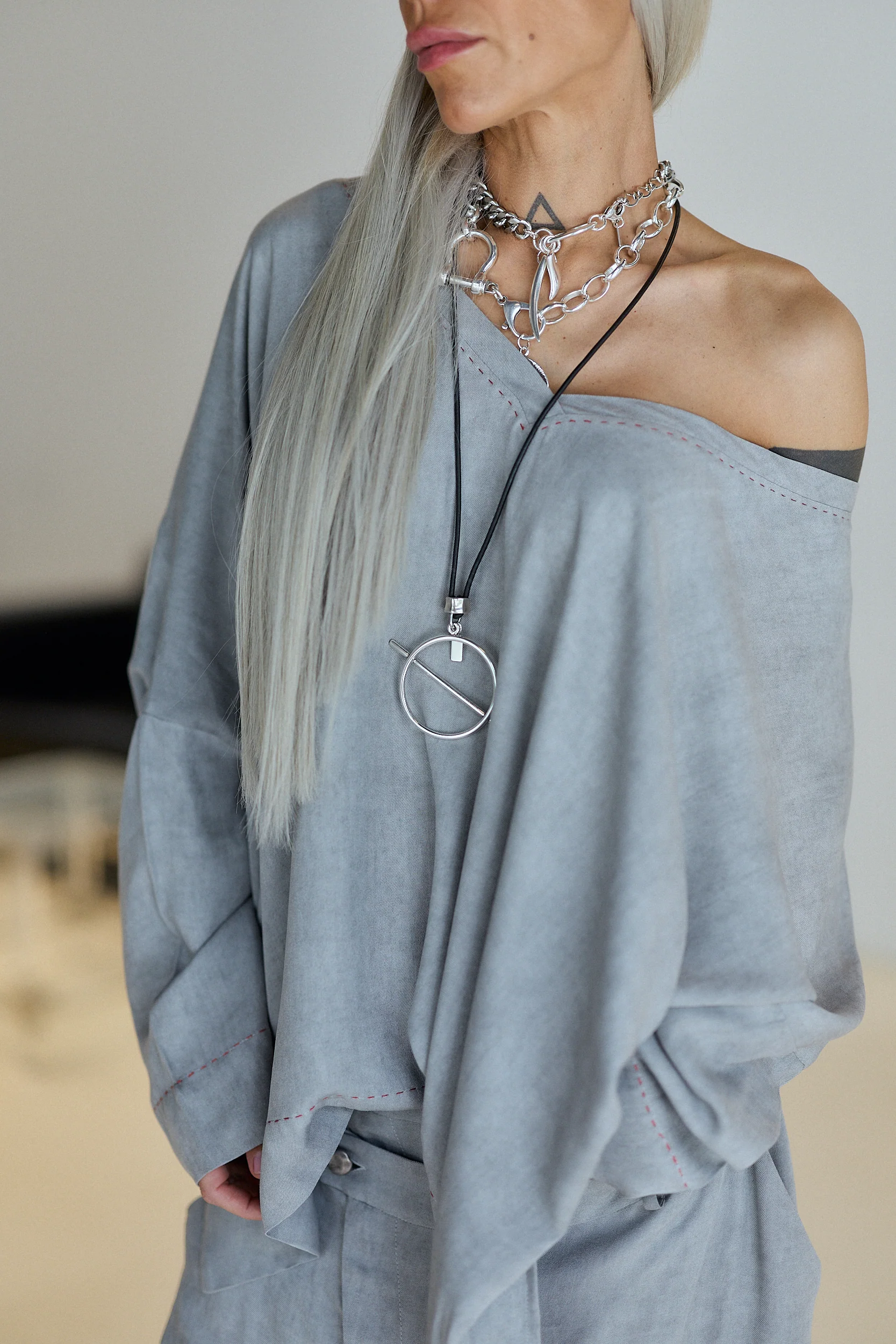 Grey Oversized Asymmetric Blouse - Image 3