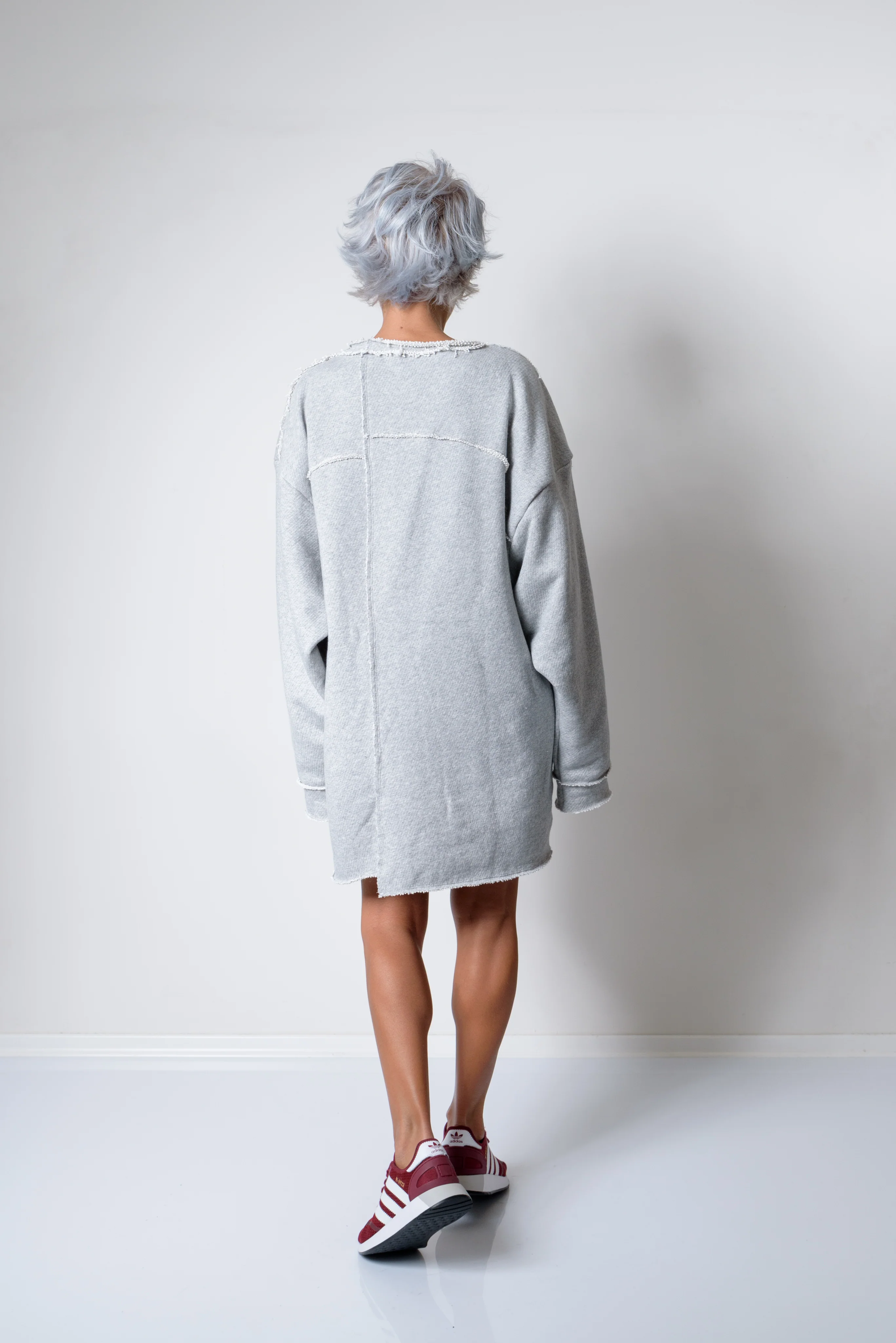 Grey Oversized Asymmetric Long Loose Sweater - Image 5