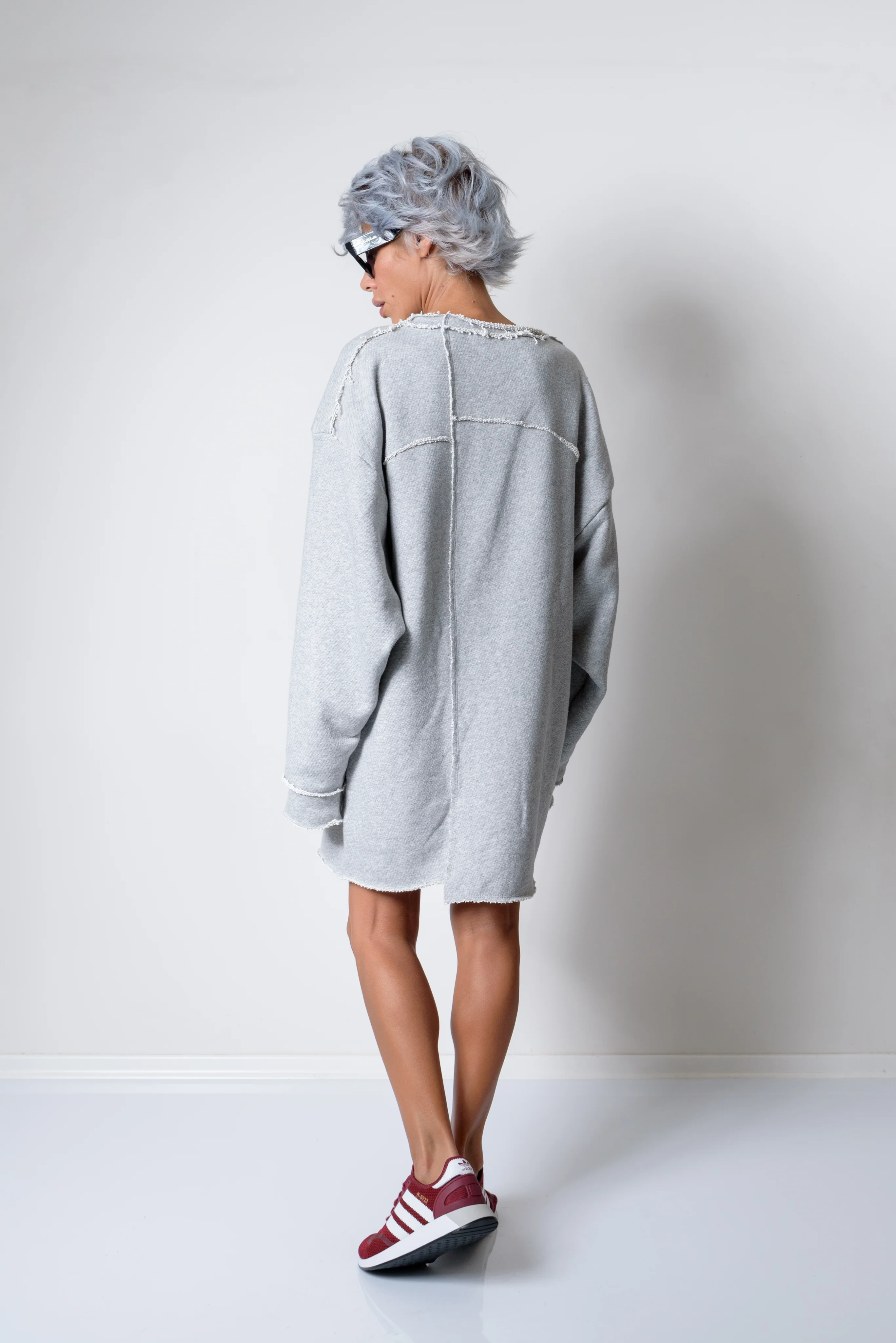 Grey Oversized Asymmetric Long Loose Sweater - Image 6