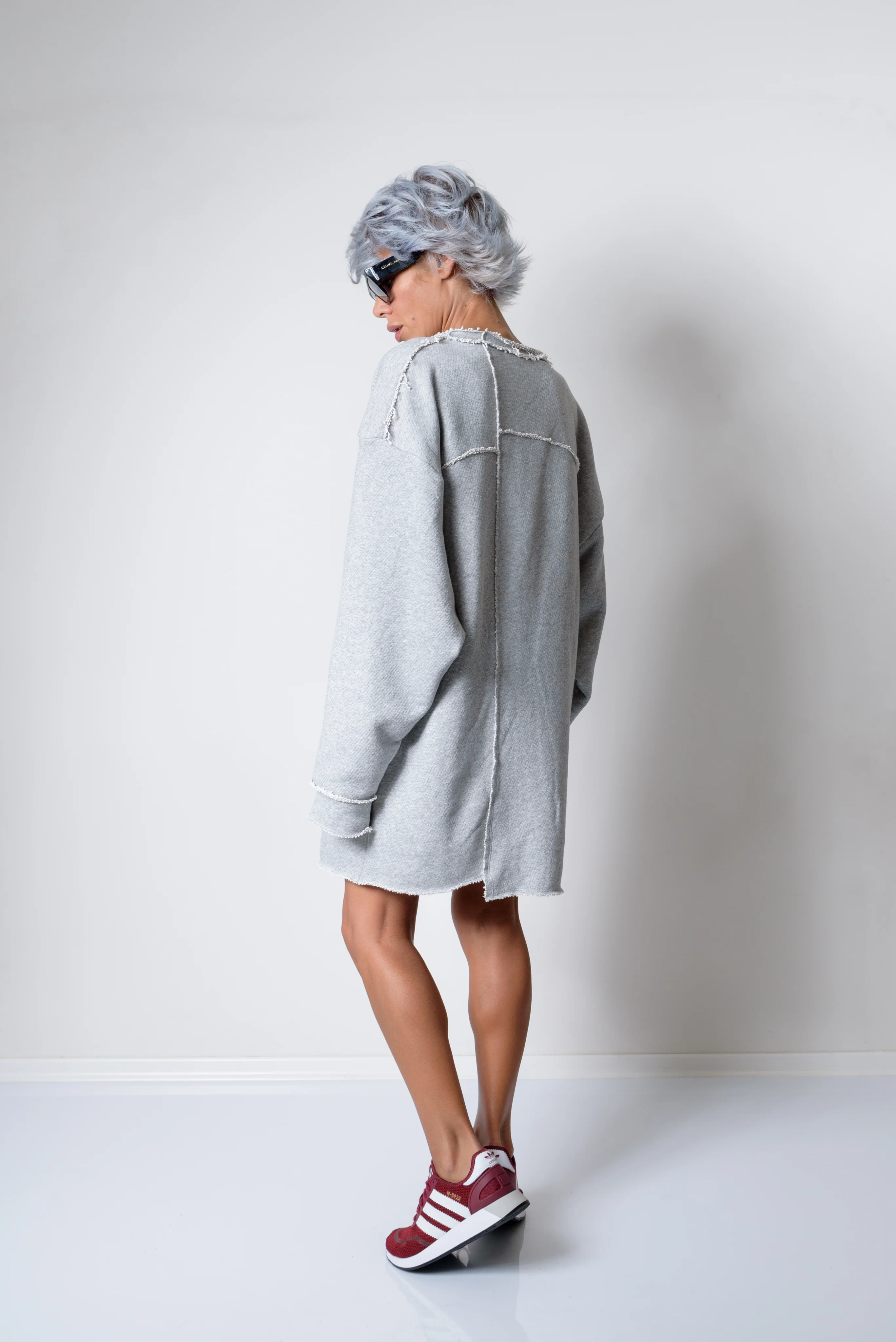 Grey Oversized Asymmetric Long Loose Sweater - Image 7