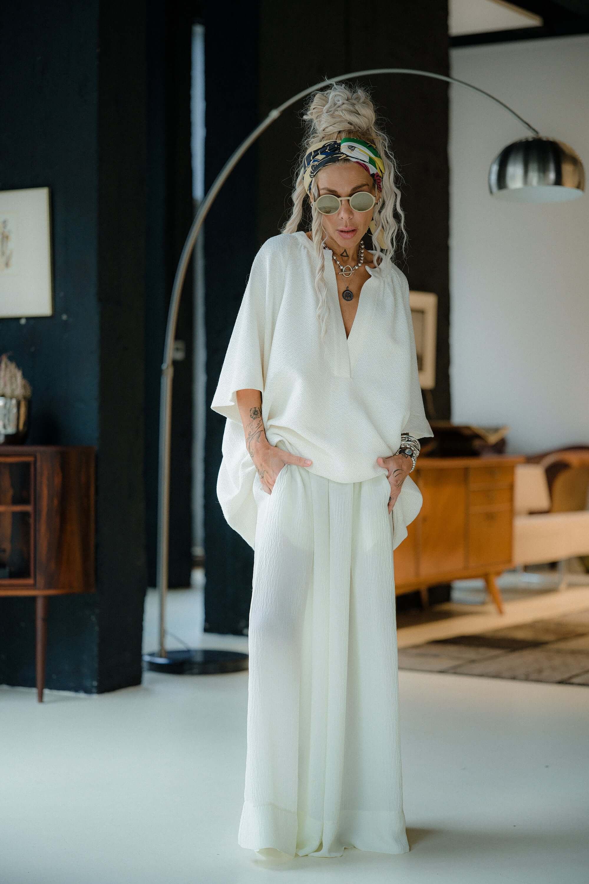 Ivory Textured Wide Leg Pants