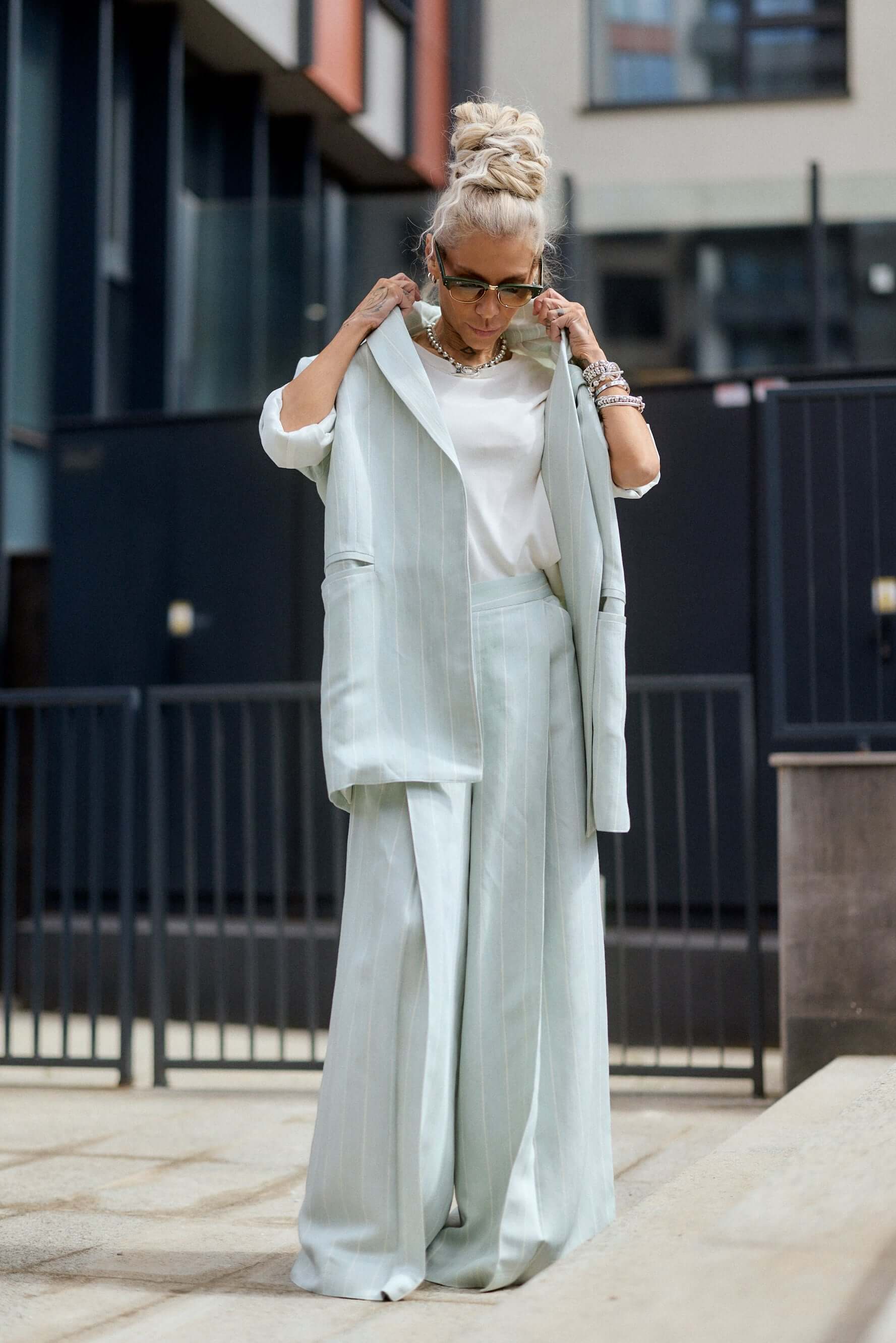 Light Mint Pinstripe Wide-Leg Trousers - Image 2