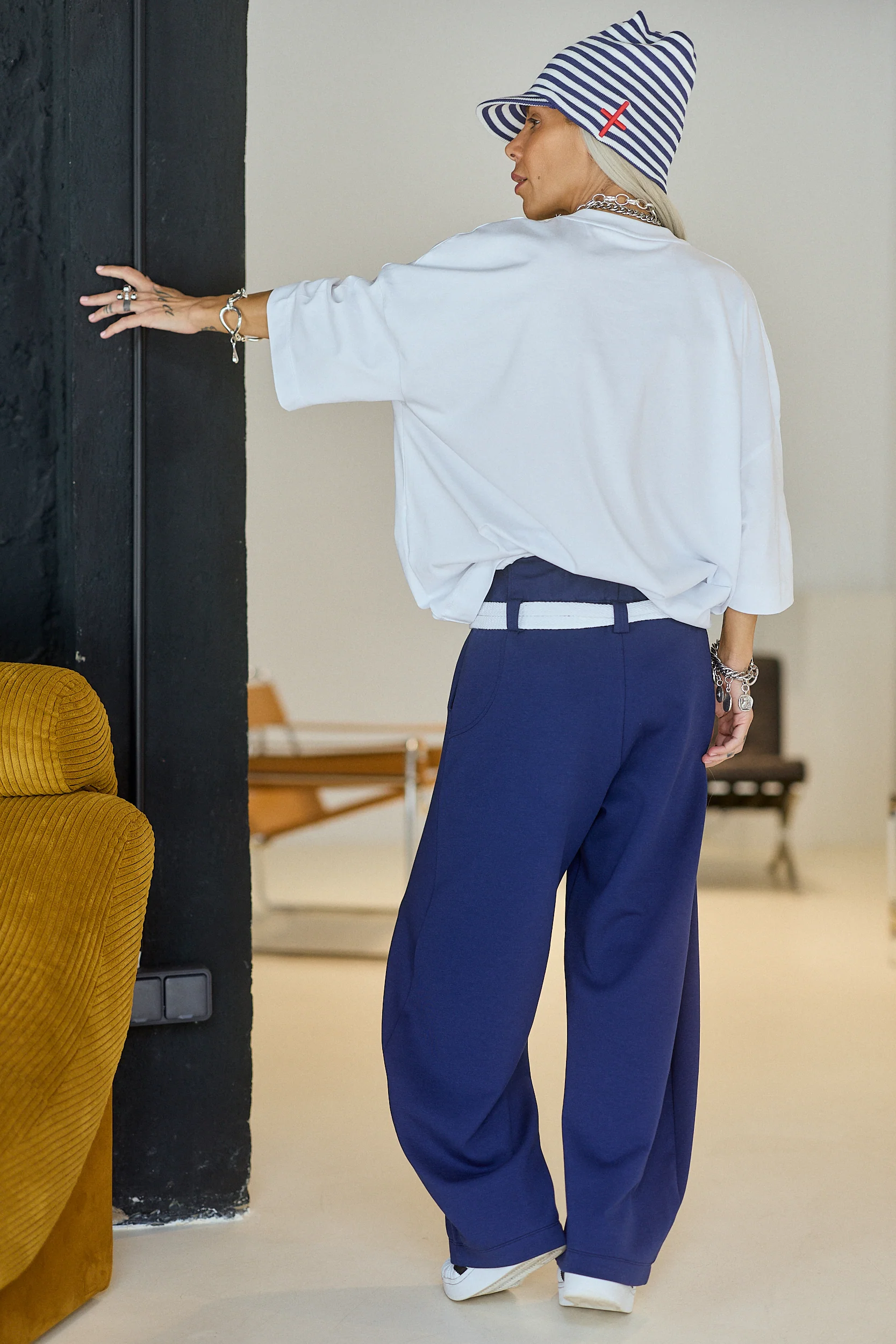 Navy Wide-Leg Pants with Rope Belt - Image 2