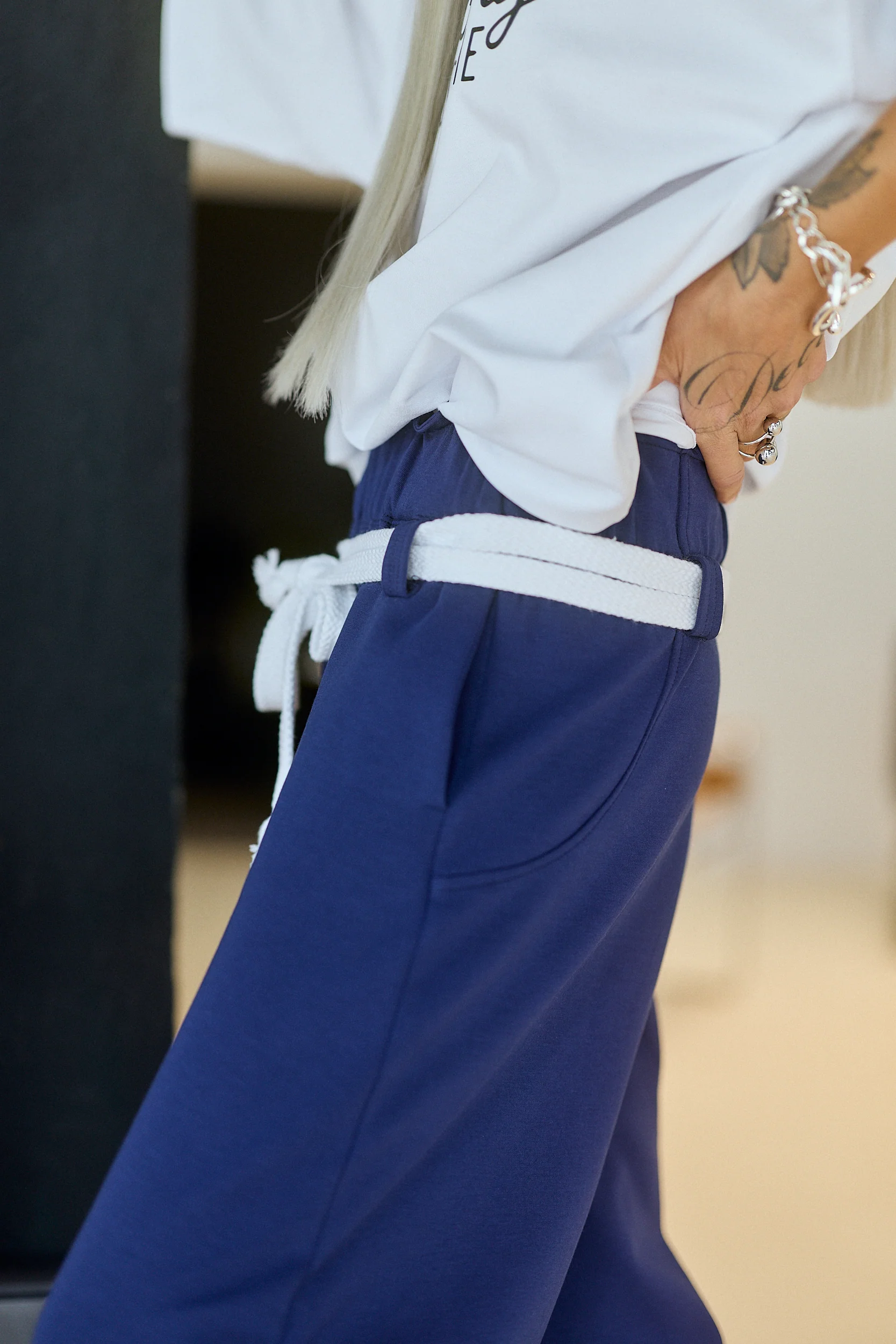 Navy Wide-Leg Pants with Rope Belt - Image 5