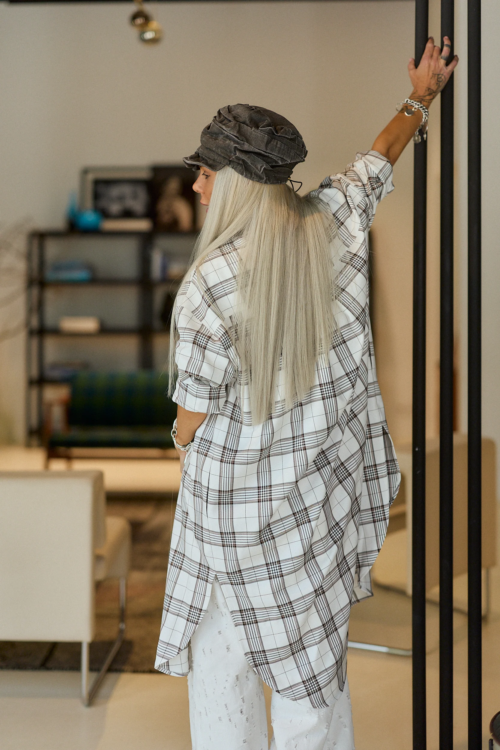 White & Mocha Plaid Oversized Shirt - Image 2